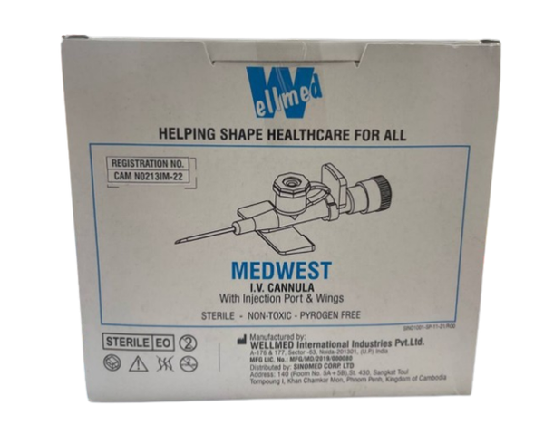Medwest i.v cannula with injection port & wings 22G 0.9x25mm wellmed ...